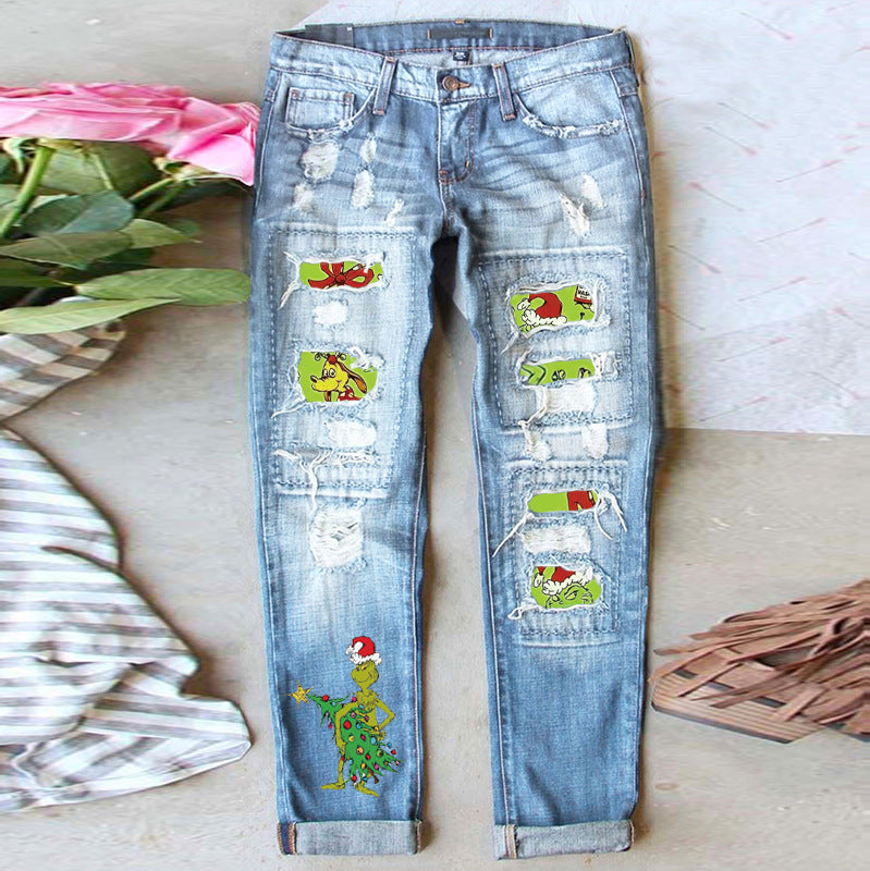 Women’s Ripped Straight Leg Jeans with Christmas Grinch Patches