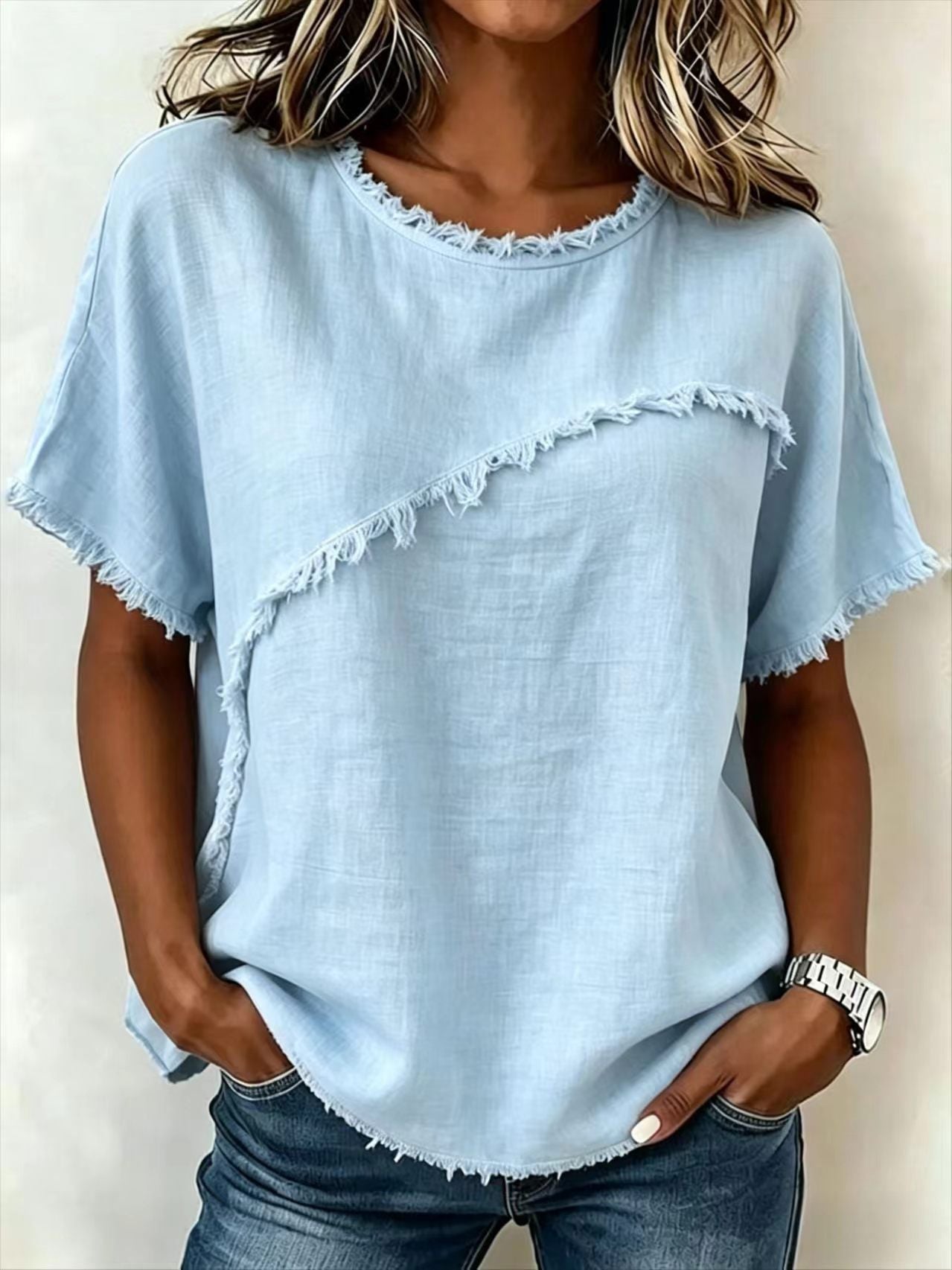 Frayed Trim Linen Blend Short Sleeve Relaxed Top
