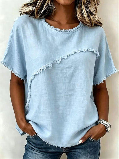 Frayed Trim Linen Blend Short Sleeve Relaxed Top