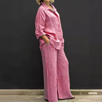 Women's Cotton Linen Shirt & Wide Leg Pants Matching Set