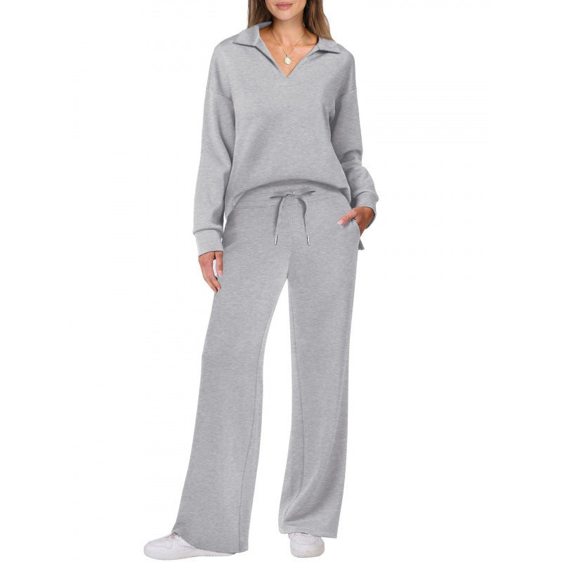 Women's 2-Piece Set Collared Top Drawstring Wide Leg Pants