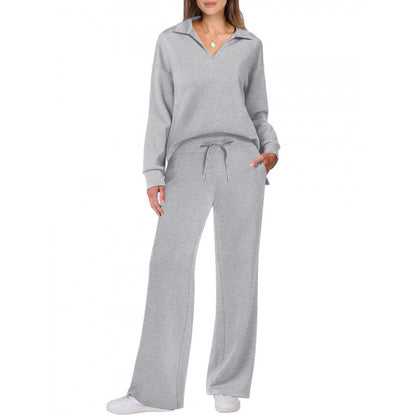 Women's 2-Piece Set Collared Top Drawstring Wide Leg Pants