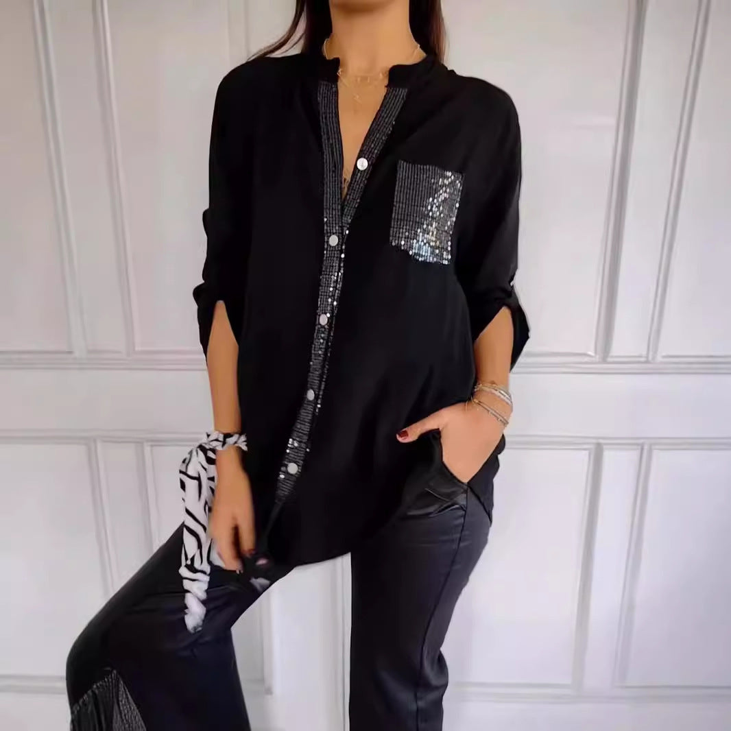 Women's Rhinestone 3/4 Sleeve Casual Button Down Blouse