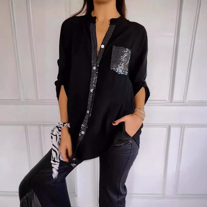 Women's Rhinestone 3/4 Sleeve Casual Button Down Blouse