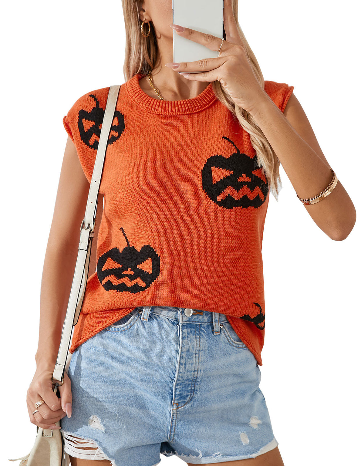 Women's Halloween Pumpkin Sleeveless Knit Sweater Vest