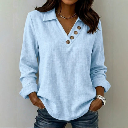 Women's Collared V-Neck Button Long Sleeve Casual Blouse