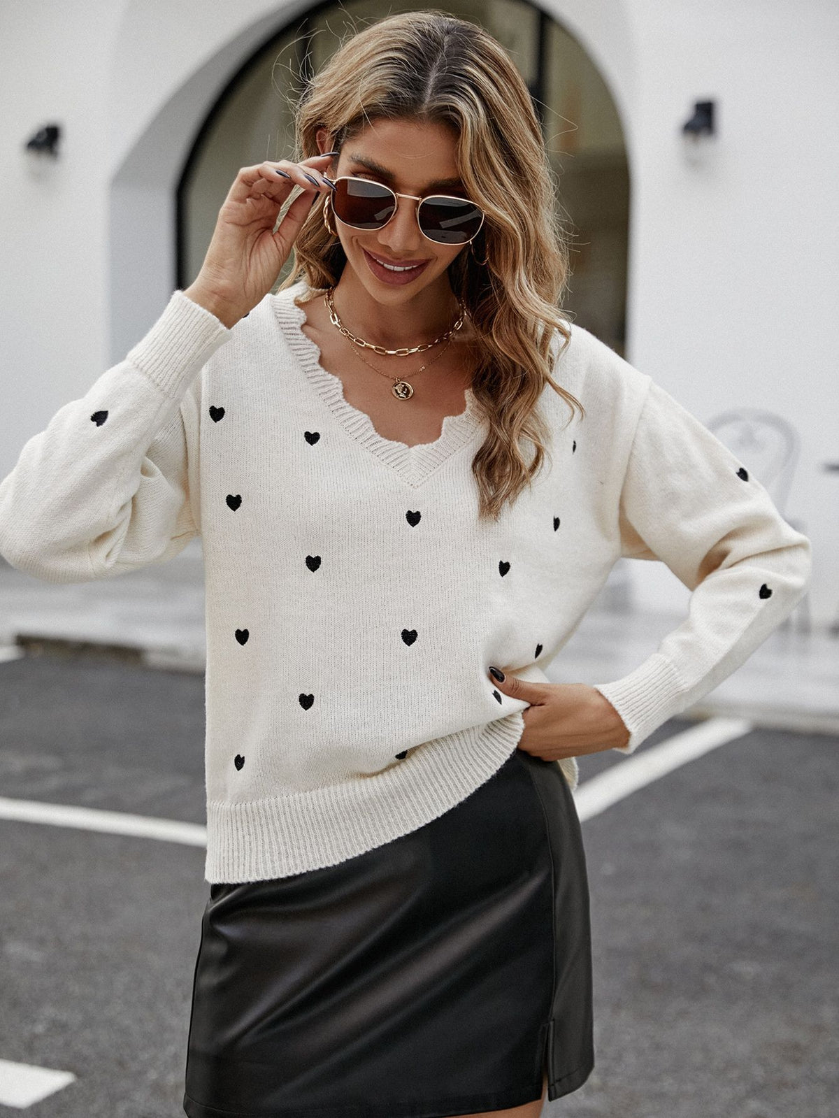 Cute Heart V-Neck Sweater Scalloped Oversized Knit Pullover