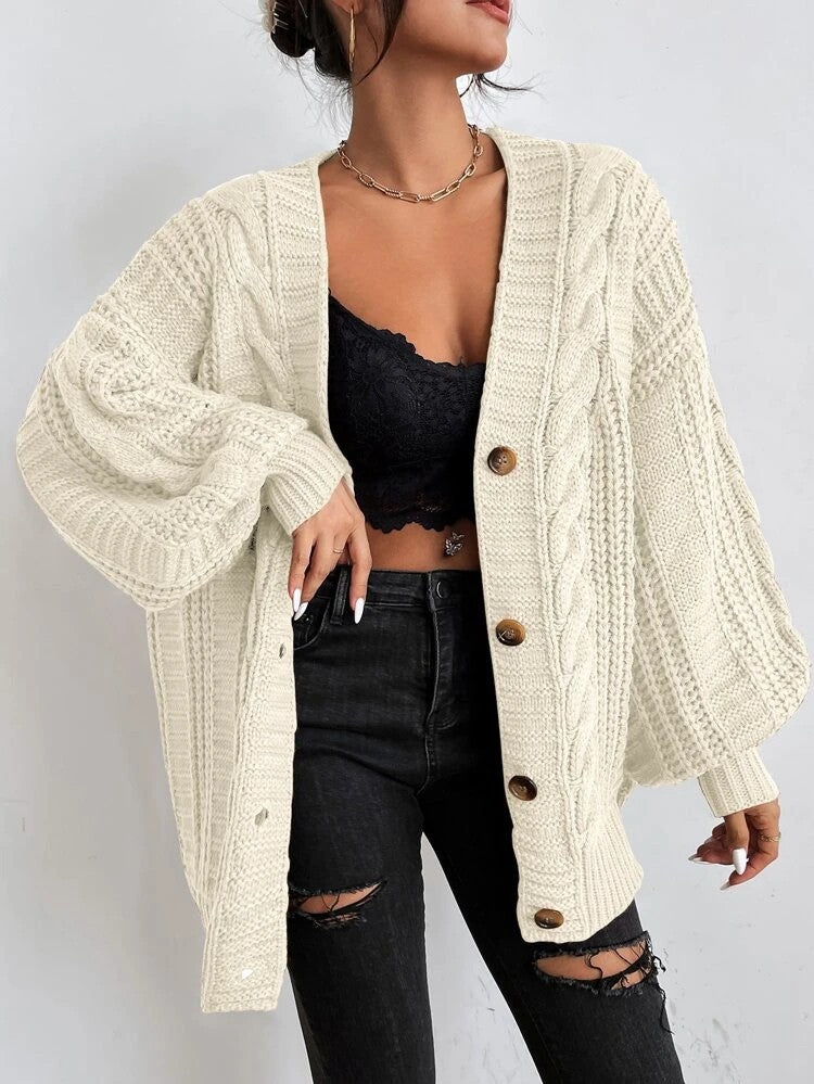 Oversized Cable Knit V-Neck Balloon Sleeve Cardigan