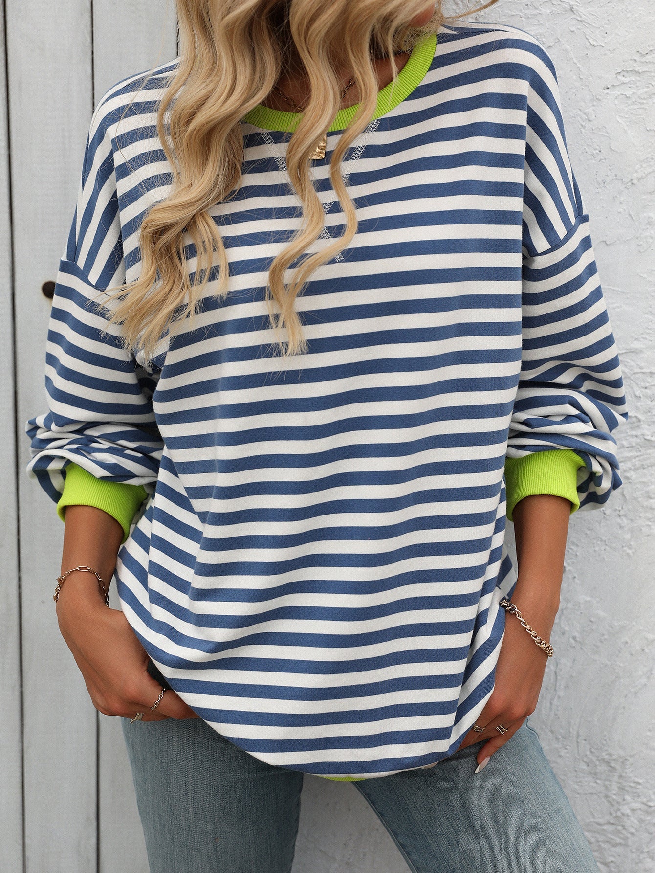 Striped Crew Neck Sweatshirt Loose Fit Casual Sweater for Woman