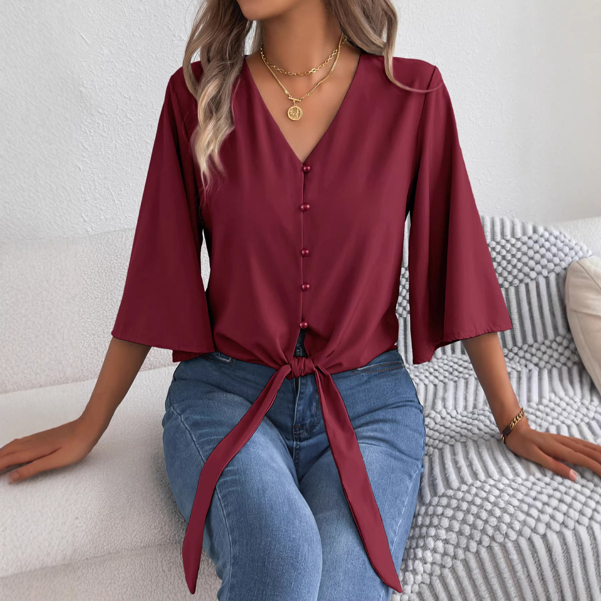 Women's V Neck Button Down Tie Front 3/4 Sleeve Blouse