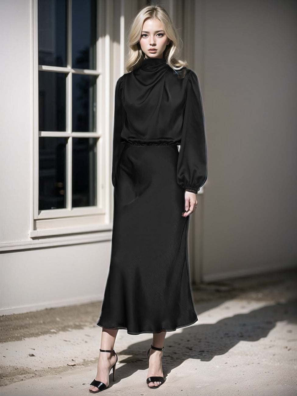 Elegant Satin Mock Neck Long Sleeve Midi Dress