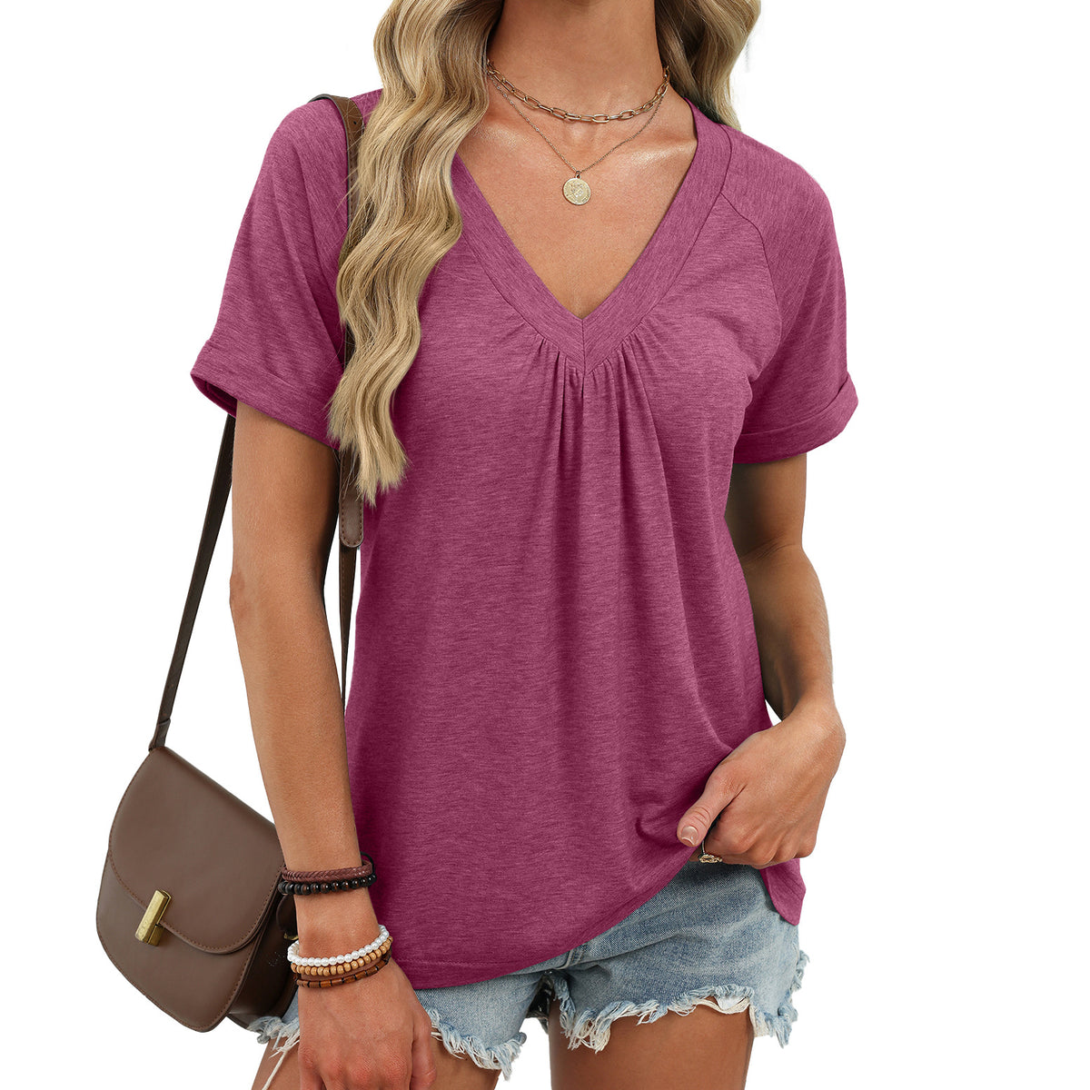 Women's V Neck Pleated Loose Short Sleeve Tunic Tee