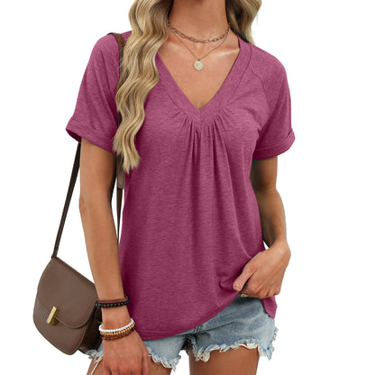 Women's V Neck Pleated Loose Short Sleeve Tunic Tee