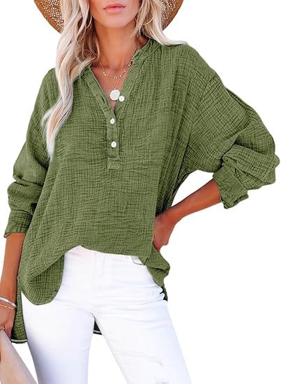 Women's Oversized Long Sleeve Crinkle Cotton Button Blouse