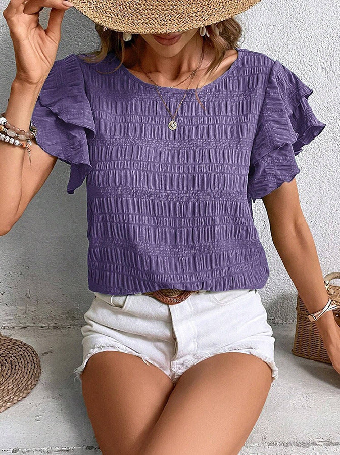 Ruffle Sleeve Crew Neck Casual Summer Blouse Top
