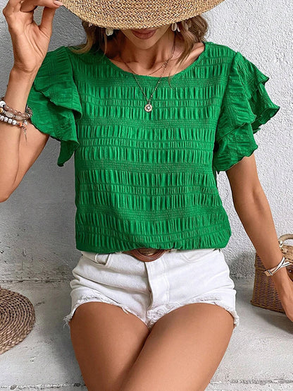 Ruffle Sleeve Crew Neck Casual Summer Blouse Top