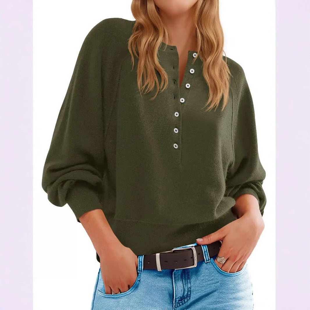 Women's Oversized V-Neck Button Lantern Sleeve Sweater