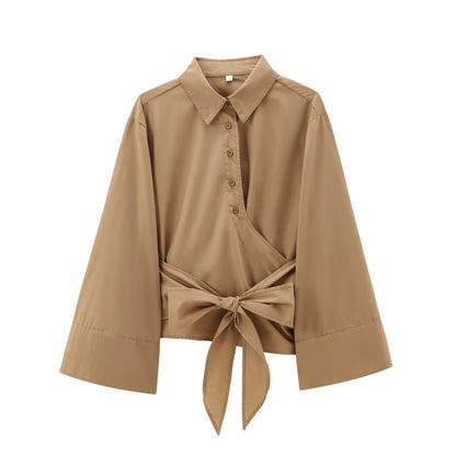 Women's Tie Front Long Sleeve Crop Blouse