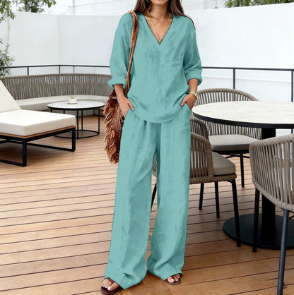Women's V-Neck Long Sleeve & Wide Leg Pants Matching Set