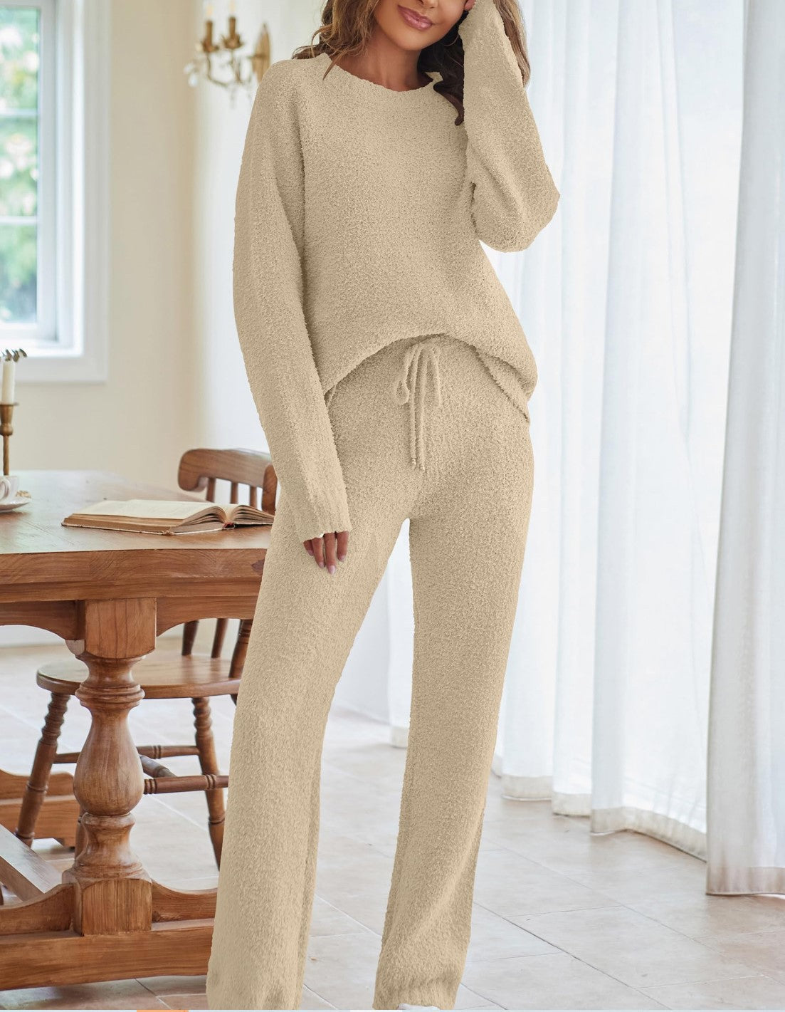 Women's Cozy Knit Two Piece Lounge Set Long Sleeve Outfit