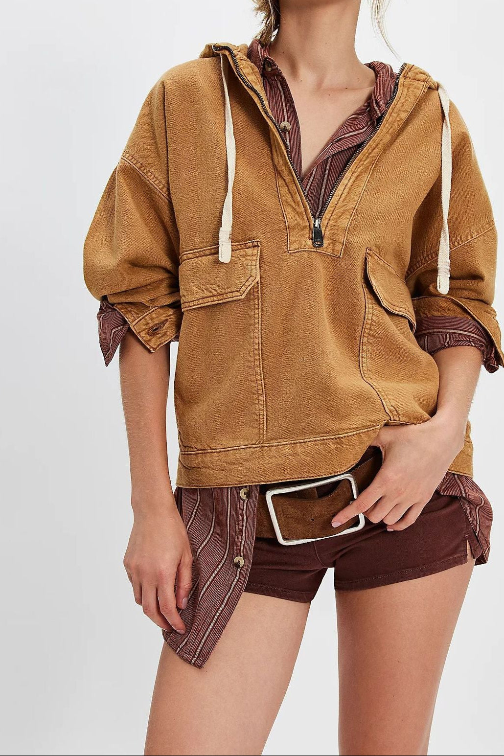 Oversized Washed Denim Hoodie Half Zip Jacket