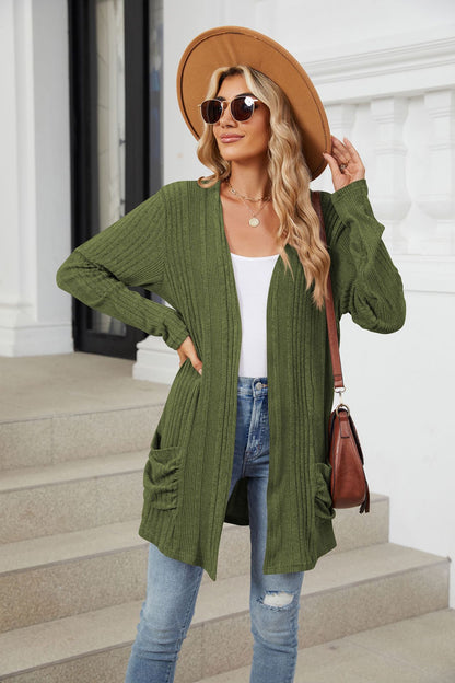 Women's Long Sleeve Ribbed Open Front Cardigan Pockets