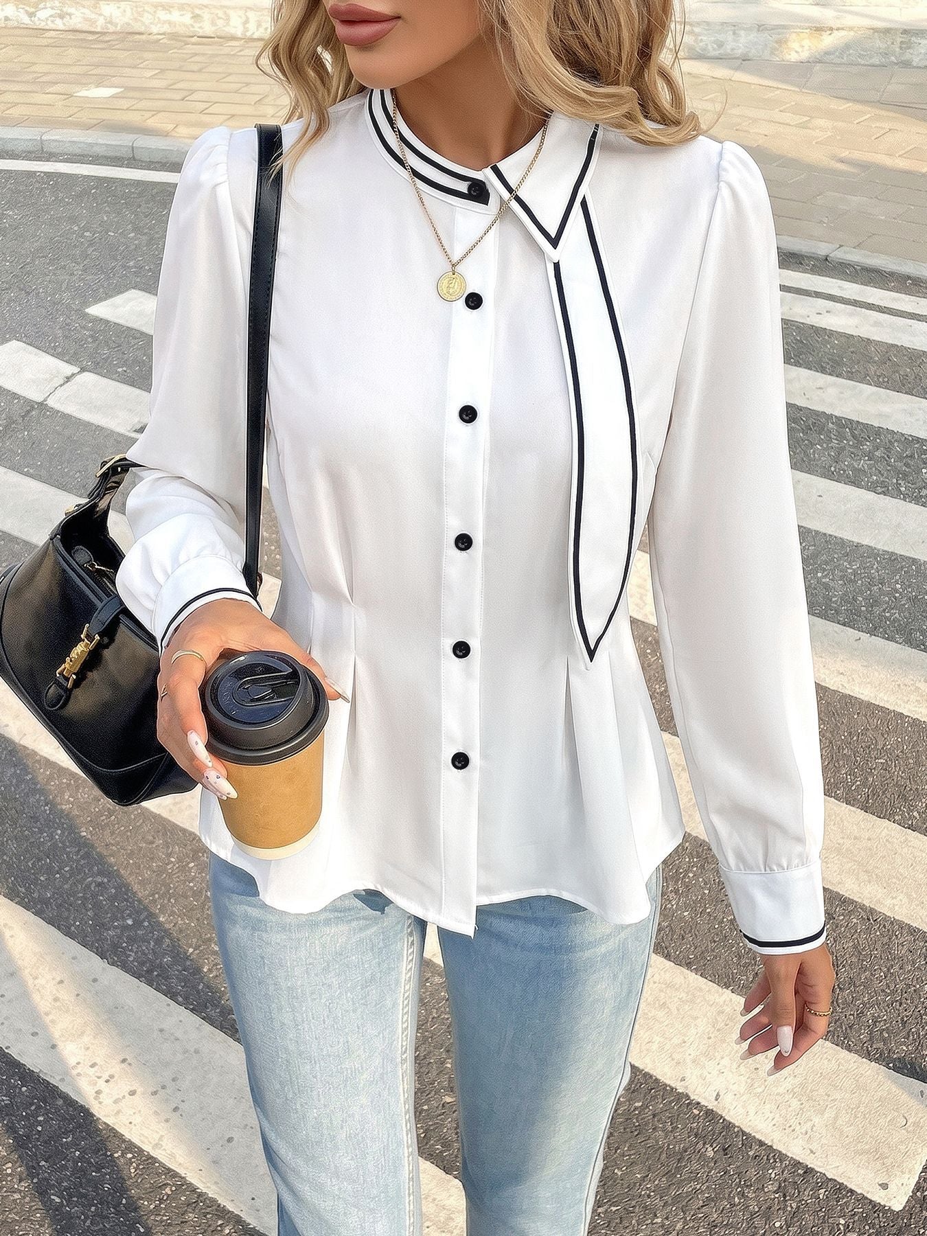 Contrast Trim Tie Neck Peplum Button Down Blouse