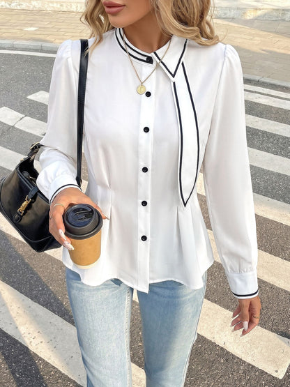 Contrast Trim Tie Neck Peplum Button Down Blouse