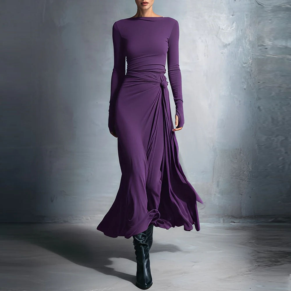 Women's Long Sleeve Knot Waist Maxi Dress A-Line