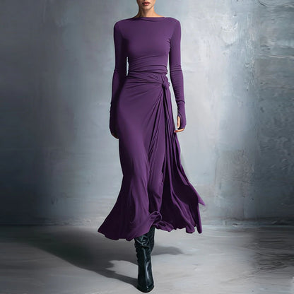 Women's Long Sleeve Knot Waist Maxi Dress A-Line