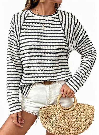 Textured Striped Long Sleeve Pullover Casual Knit Top