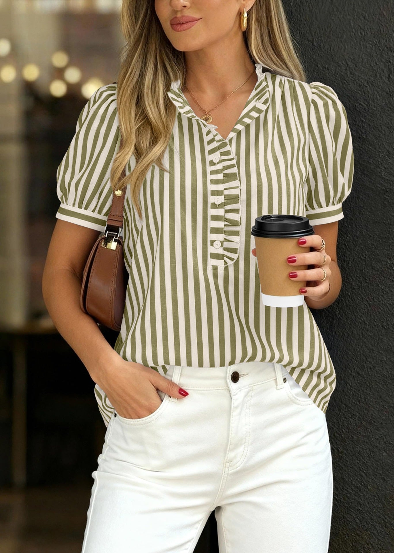 Striped Ruffle Trim Blouse V Neck Puff Sleeve Top
