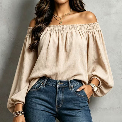 Women's Off Shoulder Smocked Blouse Puff Sleeve Loose Top