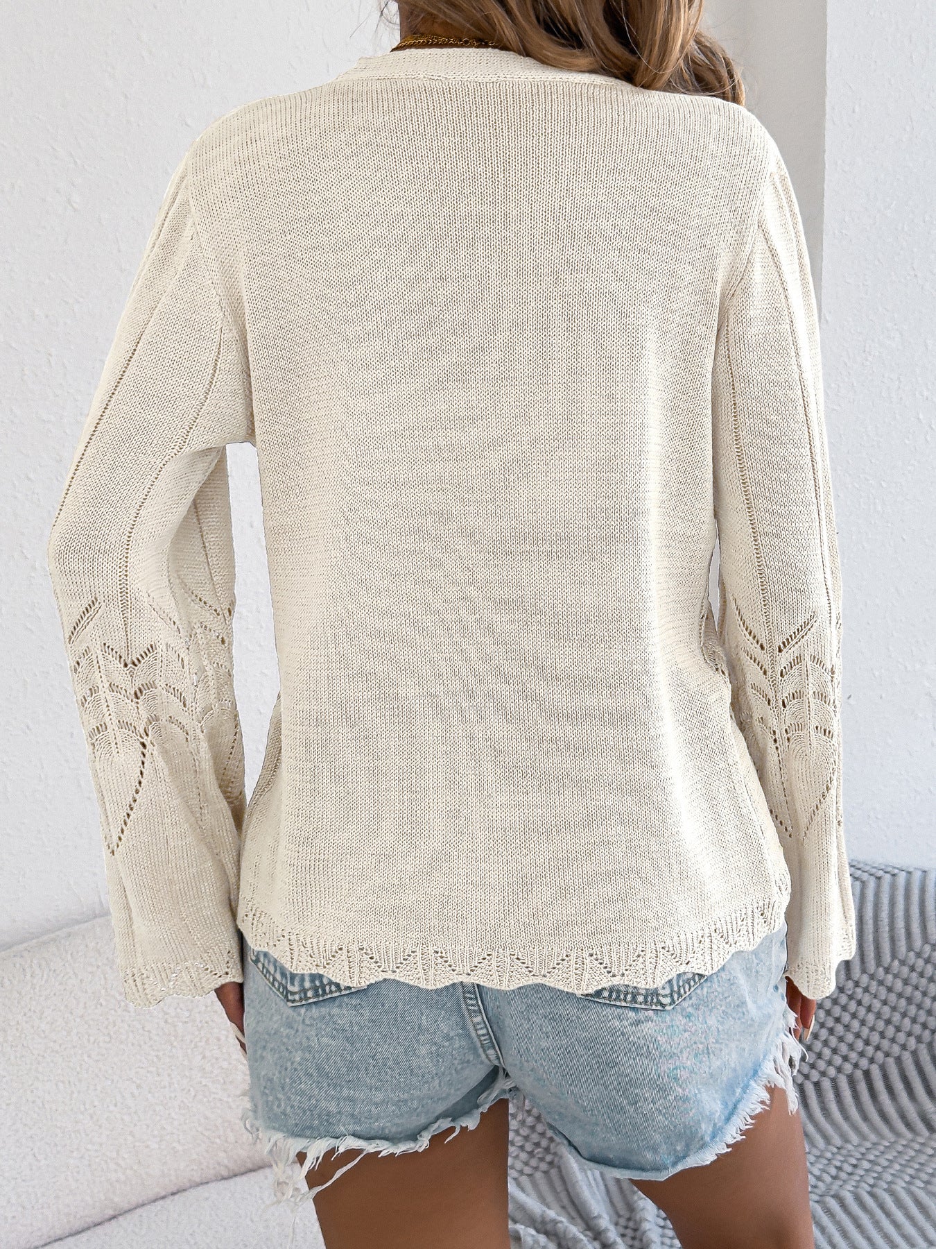 Crochet Knit Tie Front Cardigan Bell Sleeve Top