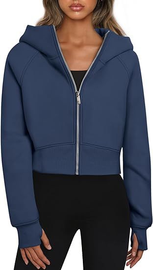 Women's Cropped Zip Up Hoodie Fleece Long Sleeve Jacket