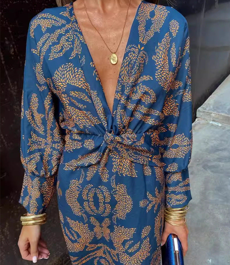 Women's V-Neck Paisley Midi Dress Long Sleeve Boho
