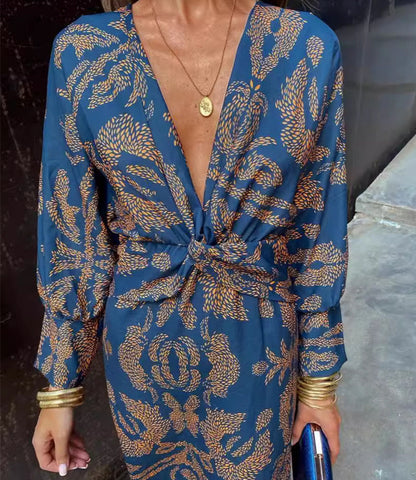 Women's V-Neck Paisley Midi Dress Long Sleeve Boho