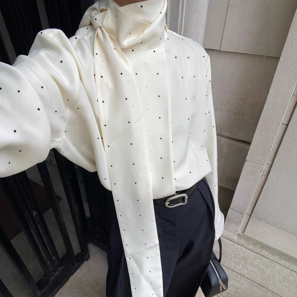 Women's Polka Dot Scarf Neck Blouse Long Sleeve Loose Fit