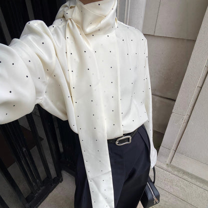 Women's Polka Dot Scarf Neck Blouse Long Sleeve Loose Fit
