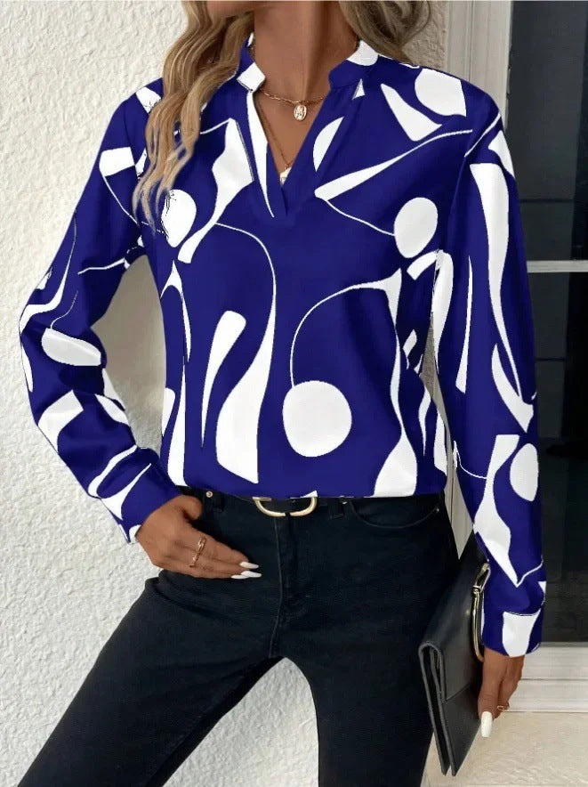 Women's Geometric V Neck Long Sleeve Casual Loose Blouse