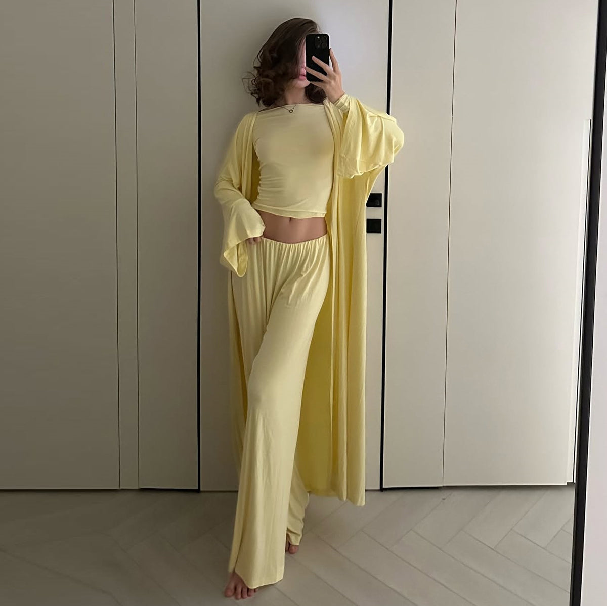 Women's 3 Piece Lounge Set Crop Top Wide Leg Pants Duster