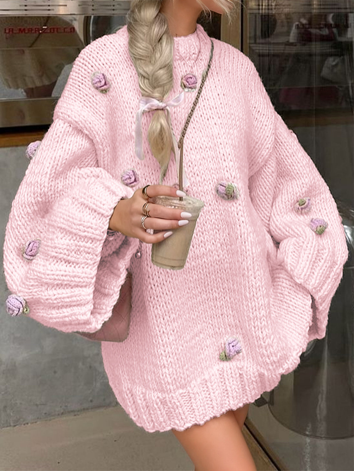 Women's Chunky Knit Oversized Floral Pullover Sweater
