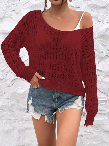Off Shoulder Crochet Sweater Long Sleeve Cover Up