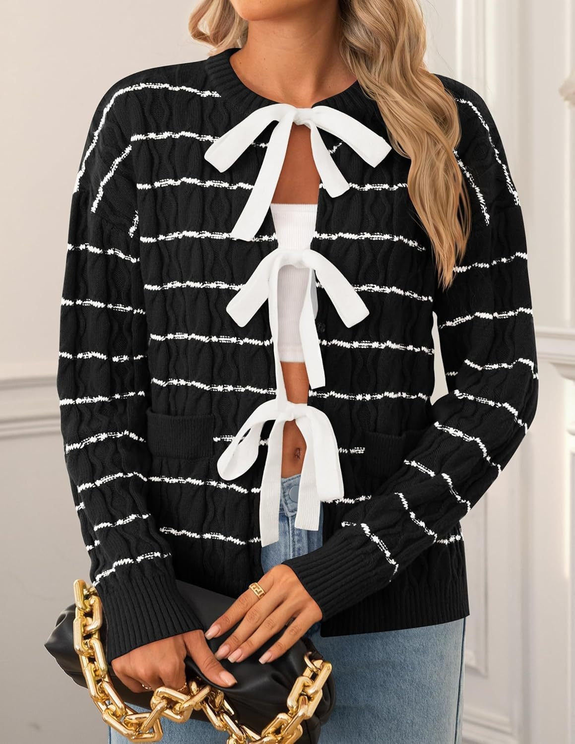 Women's Striped Bow Tie Front Cardigan Sweater
