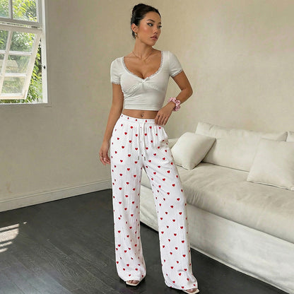 Heart Print Wide-Leg Pants Casual Summer Lounge Trousers