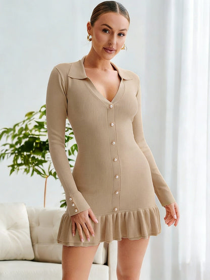 Women's Collared Pearl Button Ruffle Knit Mini Dress