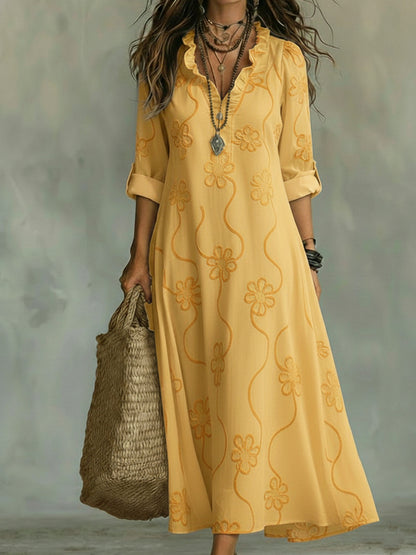 Boho Embroidered Maxi Dress V-Neck Flowy Long Sleeve