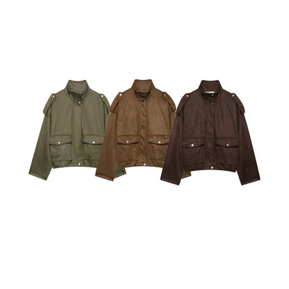 Women's Oversized Faux Suede Bomber Jacket Vintage