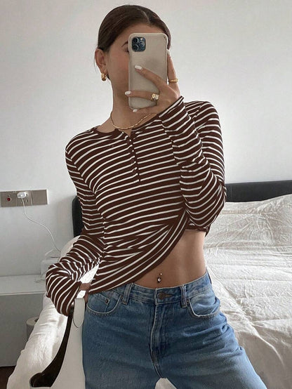 Striped thermal Henley top long sleeve fitted style