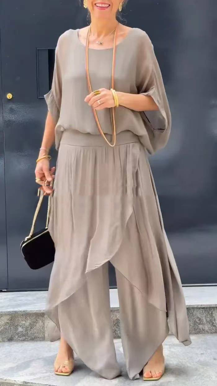 Womens Chiffon Two Piece Set Wide Leg Pants Flowy Ruffle